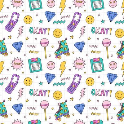 Bright seamless pattern with items from the nineties - floppy disk, quad roller skates, retro flip phone,  lightnings, smile, diamonds, lollipop, stars on checkered background. Nostalgia for the 1990s