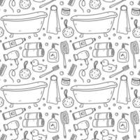 Seamless pattern with bath accessories - shampoo, shower puff, towels, toothpaste, toothbrush, hair dryer,  bathtub. Vector hand-drawn illustration in doodle style. Perfect for print, wrapping paper.