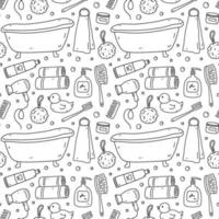 Seamless pattern with bath accessories - shampoo, shower puff, towels, toothpaste, toothbrush, hair dryer,  bathtub. Vector hand-drawn illustration in doodle style. Perfect for print, wrapping paper.