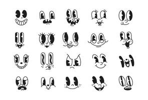 cartoon mascot characters funny faces. Old cartoon eyes and mouths elements. Vintage comic smile for logo vector set. Smiley caricatures with happy and cheerful emotions
