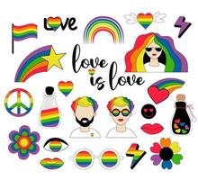 Vector set of LGBTQ community symbols. LGBT Pride Month fair-skinned lesbian woman and gay man with rainbow hair, pride flags, retro rainbow, heart and love element. Gay pride, groovy celebration.