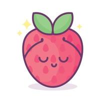 fresa kawaii con cara, corazones y destellos con letras de texto baya linda. ilustración divertida del juego de palabras de frutas, vector