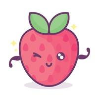 fresa kawaii con cara, corazones y destellos con letras de texto baya linda. ilustración divertida del juego de palabras de frutas, vector