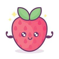 fresa kawaii con cara, corazones y destellos con letras de texto baya linda. ilustración divertida del juego de palabras de frutas, vector