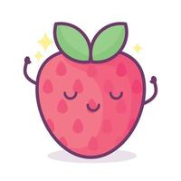 fresa kawaii con cara, corazones y destellos con letras de texto baya linda. ilustración divertida del juego de palabras de frutas, vector