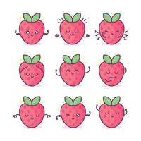 fresa kawaii con cara, corazones y destellos con letras de texto baya linda. ilustración divertida del juego de palabras de frutas, vector