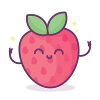 fresa kawaii con cara, corazones y destellos con letras de texto baya linda. ilustración divertida del juego de palabras de frutas, vector