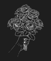 Female hand holding a flower bouquet in line art style on black background vector