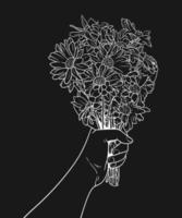 mano femenina que presenta un ramo de flores en estilo de arte lineal sobre fondo negro vector