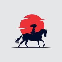 vaquera montando un caballo y lanzando lazo en el logo de la puesta de sol vector
