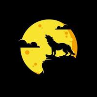 silueta del lobo salvaje en el diseño del logotipo de la luna vector