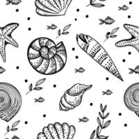 Seamless pattern, hand-drawn sea creatures in sketch style. Shells and seaweed. White background. Isolated. Summer. Ocean. Flat design. Vector illustration