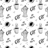 A seamless pattern of coffee maker, coffee cups and coffee beans, hand-drawn doodle elements. Hand-drawn inscriptions. Coffee brewing method. Morning breakfast vector