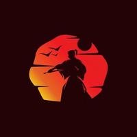 un ninja japonés en el logo de la puesta del sol vector