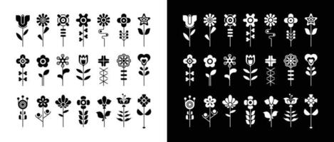 conjunto de iconos de vector floral blanco y negro
