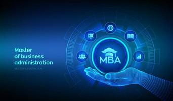 MBA. Master of business administration. Investment in education and management strategy. E-learning Online study. Personal Growth and Career development concept in wireframe hand. Vector illustration.