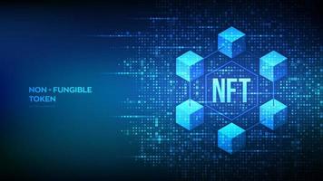 NFT technology background made with binary code. Non-fungible token digital crypto art blockchain tech concept. Investment in cryptographic. Matrix background with digits 1.0. Vector illustration.