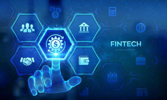 Fintech. Financial technology, online banking and crowdfunding. Business investment banking payment technology concept on virutal screen. Wireframe hand touching digital interface. Vector illustration