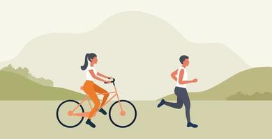 Healthy lifestyle concept, couple man and woman riding bicycle in park. Exercise activity outdoor concept vector illustration