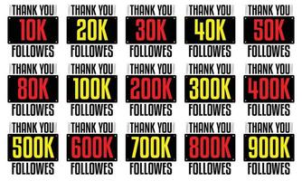 saludo tarjeta social gracias 100k, 200k, 500k, 800k y 900k seguidores. gracias seguidores diseño vectorial descarga gratuita vector