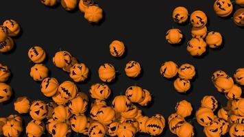 Calabaza aterradora de Halloween que cae y llena la pantalla y luego revela el texto de truco y trato de Halloween, representación 3d, clave de croma, selección de calabazas luma mate video