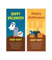 Vertical Halloween Banner. 2 vertical banner options. One option with illustrations of graves, skulls, and ghosts. One more option with the illustration of a witchs pumpkin making a potion. vector