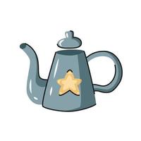 Ceramic vector teapot. Hand drawn kettle with decorative elements.  Cartoon dishware, kitchen utensil, tool for teatime.