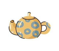 Ceramic vector teapot. Hand drawn kettle with decorative elements.  Cartoon dishware, kitchen utensil, tool for teatime.