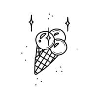 Hand drawn black and white ice cream cone. Decorative element for cafe, ice cream shop. Flat vector illustration in doodle style.