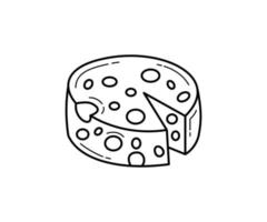 Hand drawn cartoon wheel of cheese.  Black and white cheese circle with holes isolated on white background. Flat vector illustration in doodle style.