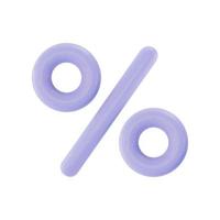 3d percent sign. Purple colored symbol isolated on white background.  Concept of discount, sales, promotion. Realistic vector icon, design element.