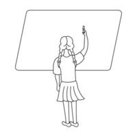 The schoolgirl writes on the blackboard with chalk. Sketch. Vector illustration. Girl with pigtails view from the back. School theme. Coloring book. Doodle style. Outline on isolated background.