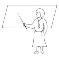 The teacher teaches a lesson at school. Sketch. A woman points to a blackboard with a pointer. Vector illustration. School theme. Coloring book. Doodle style. Outline on isolated background.