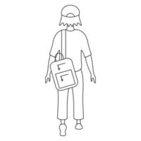 A schoolboy with a shoulder bag for textbooks goes to school. Sketch. Vector illustration. Boy in a cap, view from the back. Coloring book. Doodle style. Outline on isolated background. School theme.