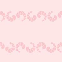 Shrimp. Seamless horizontal border. Repeating vector pattern. Pink seafood. Shrimp tail. Isolated pink background. Endless ornament. Flat style.