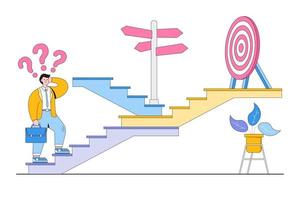 Business strategic direction, choose options to growth, decision to self development or career path concepts. Confused businessman thinking to make choice on stairs of success with multiple route vector