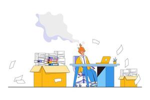 Burnout from overworked, pressure to finish deadline, exhausted worker, stressed employee concepts. Desperate businessman working at desk using laptop with pile of papers and burn heads emit smoke vector