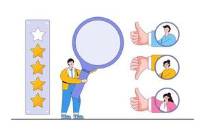 Evaluation feedback consumer, client leaving positive or negative opinion, service quality rating concepts. Businessman using magnifying glass to checking review with thumb up and down from customer vector