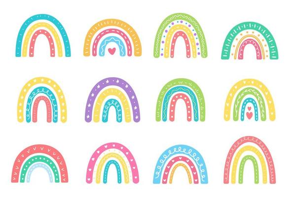 boho rainbow. hand drawn pastel rainbow baby greeting card decorative elements