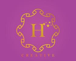 Creative design logo, alphabet H, 5 star letter, label, icon, for packaging, luxury product design. Made with gold on a light purple textured background. vector