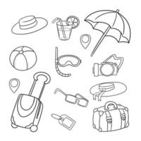 conjunto monocromo de iconos, vacaciones turísticas en la playa, viajes, ilustración vectorial en estilo de dibujos animados sobre un fondo blanco vector