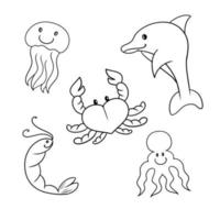 Monochrome set of icons, cute sea characters, dolphin, crab, shrimp and jellyfish, vector illustration in cartoon style on a white background