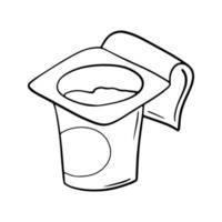 Monochrome picture, open small plastic jar with yogurt, vector illustration in cartoon style on a white background