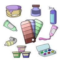 A set of colored icons, different jars of paints, vector illustration in cartoon style on a white background