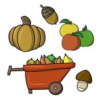 A red wooden cart with a harvest, a large pumpkin, apples and mushrooms, a set of vector illustrations in cartoon style