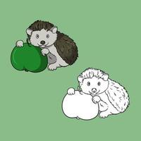 A set of pictures, a cute little hedgehog with a green apple, a vector illustration in cartoon style on a colored background
