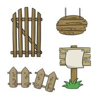 A set of colored icons, old wooden objects, a broken fence, a round sign and a door, a vector illustration in cartoon style on a white background