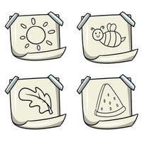 A set of icons, sheets of paper with different drawn images, drawings attached with tape, vector illustration in cartoon style