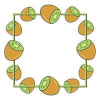Square frame, bright juicy halves of tropical kiwi fruit, copy space, vector illustration in cartoon style on a white background