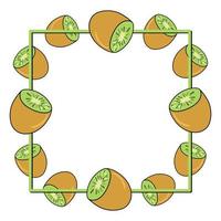 Square frame, bright juicy halves of tropical kiwi fruit, copy space, vector illustration in cartoon style on a white background